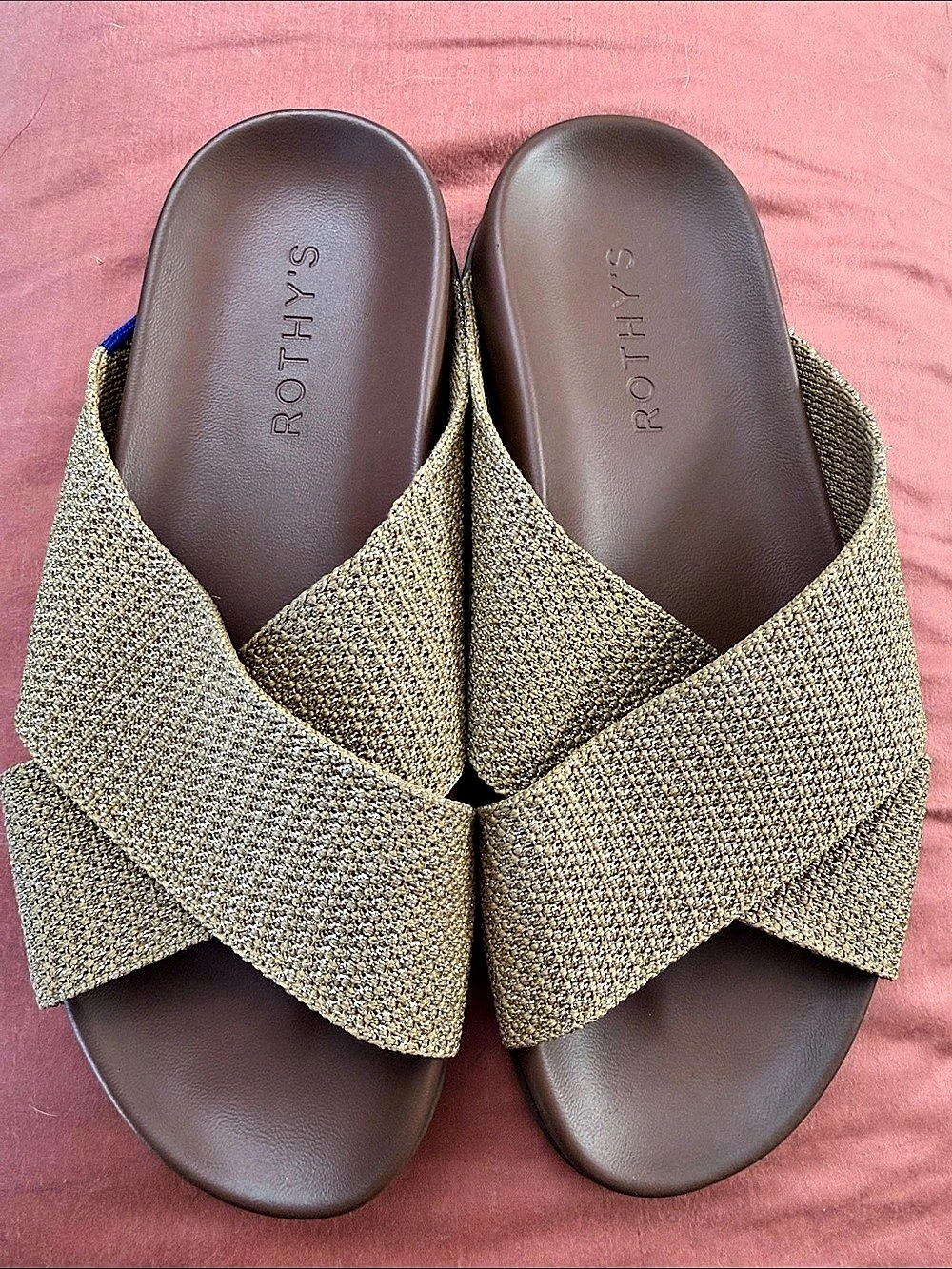 Rothy's The Weekend Slide Woven Bow Slide Sandals in Brown & Gold Like New